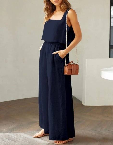 2 Piece Outfits Square Neck Sleeveless Tank Crop Top & Wide Leg Pants Lounge Set