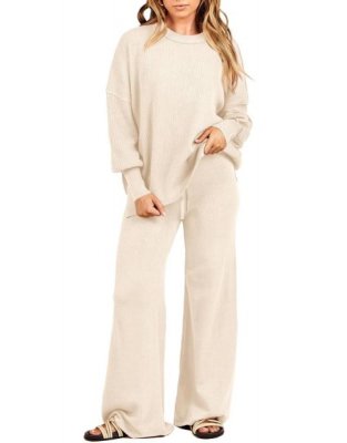 Women 2 Piece Outfits Sweatsuit Oversized Sweater Set & Wide Leg Pants Fall Chunky Lounge Set