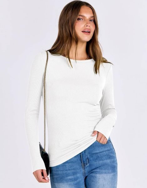 Women Long Sleeve Crewneck Rib Knit Slim Fit Shirts Basic Tee Tops 2024 Casual T-Shirt Going Out Workout Outfits