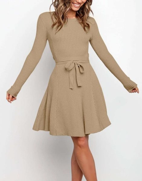 Women's Crewneck Long Sleeve Tie Waist A-Line Swing Bodycon Short Dress Casual Solid Ribbed Knit Sweater Dress
