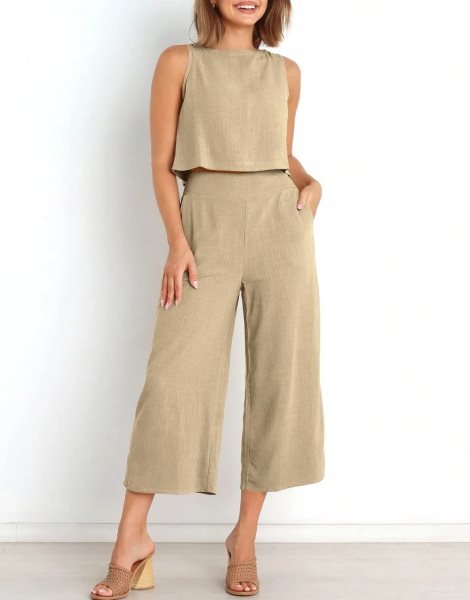 Sleeveless Tank Crop Button Back Top Cropped Pants Set With Pockets