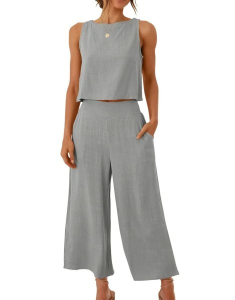 Sleeveless Tank Crop Button Back Top Cropped Pants Set With Pockets