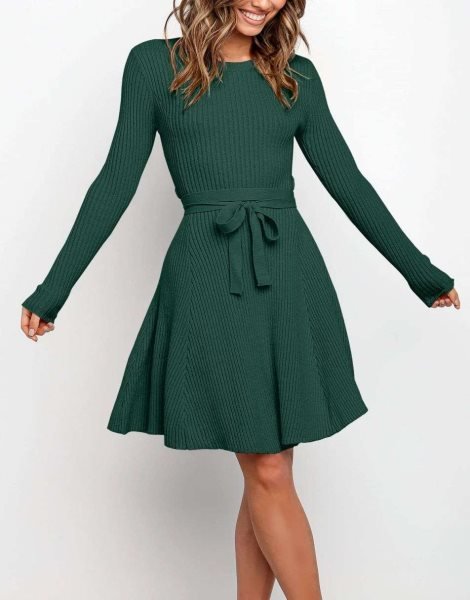 Women's Crewneck Long Sleeve Tie Waist A-Line Swing Bodycon Short Dress Casual Solid Ribbed Knit Sweater Dress