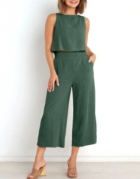 Sleeveless Tank Crop Button Back Top Cropped Pants Set With Pockets