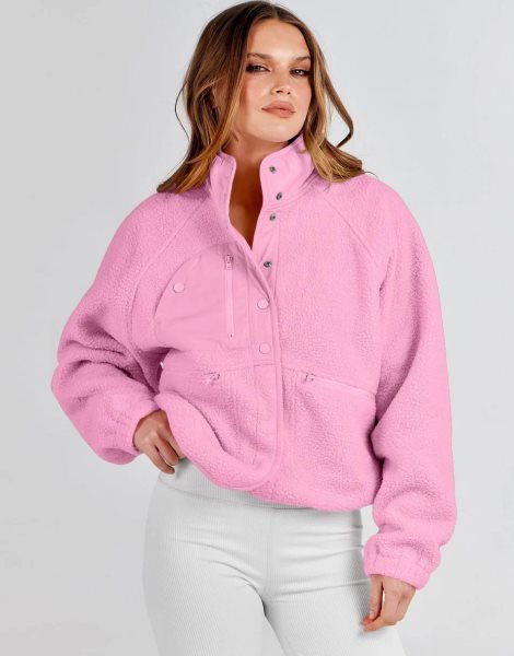 Womens Fleece Jacket Button Down Shacket Casual Sherpa Cropped Coats Warm Outwear with Pockets