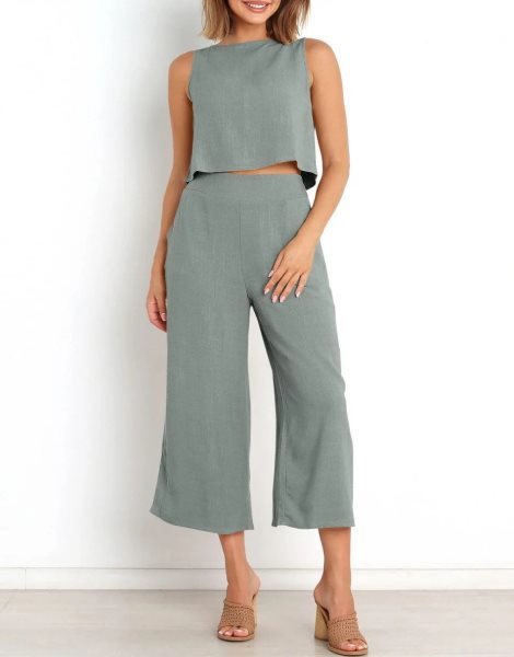 Sleeveless Tank Crop Button Back Top Cropped Pants Set With Pockets