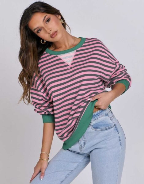 Women Striped Oversized Sweatshirt Long Sleeve Crewneck Shirts 2024 Fall Fashion Pullover Sweater Trendy Clothes