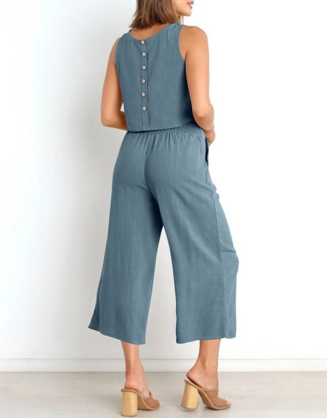 Sleeveless Tank Crop Button Back Top Cropped Pants Set With Pockets