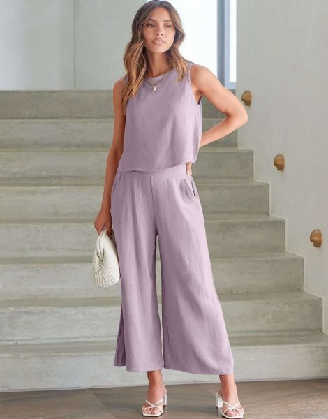 Sleeveless Tank Crop Button Back Top Cropped Pants Set With Pockets