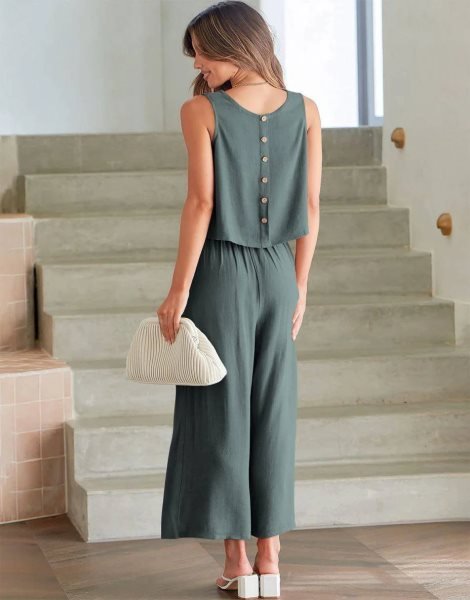 Sleeveless Tank Crop Button Back Top Cropped Pants Set With Pockets