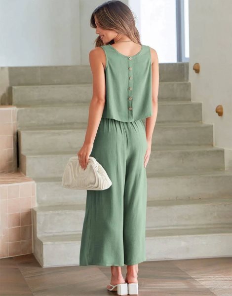 Sleeveless Tank Crop Button Back Top Cropped Pants Set With Pockets