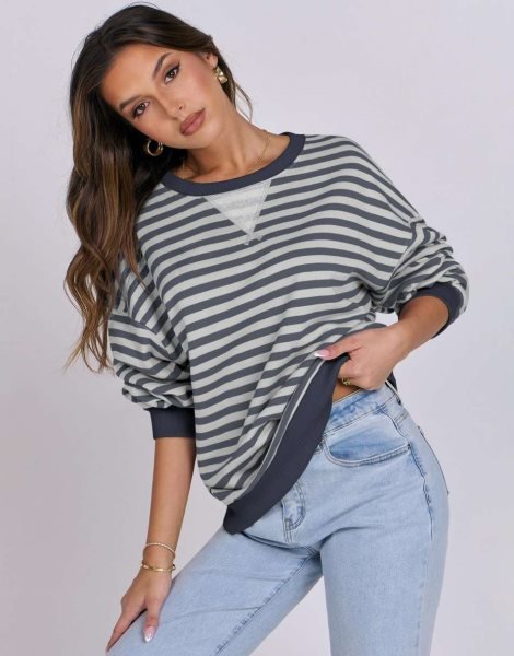 Women Striped Oversized Sweatshirt Long Sleeve Crewneck Shirts 2024 Fall Fashion Pullover Sweater Trendy Clothes