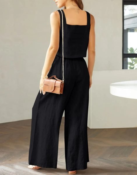 2 Piece Outfits Square Neck Sleeveless Tank Crop Top & Wide Leg Pants Lounge Set