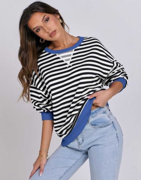 Women Striped Oversized Sweatshirt Long Sleeve Crewneck Shirts 2024 Fall Fashion Pullover Sweater Trendy Clothes