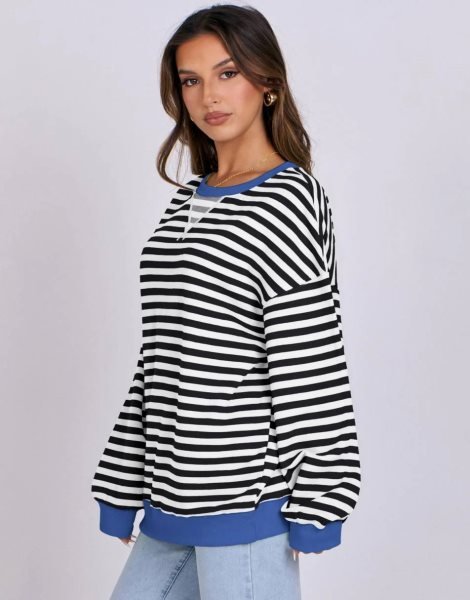 Women Striped Oversized Sweatshirt Long Sleeve Crewneck Shirts 2024 Fall Fashion Pullover Sweater Trendy Clothes