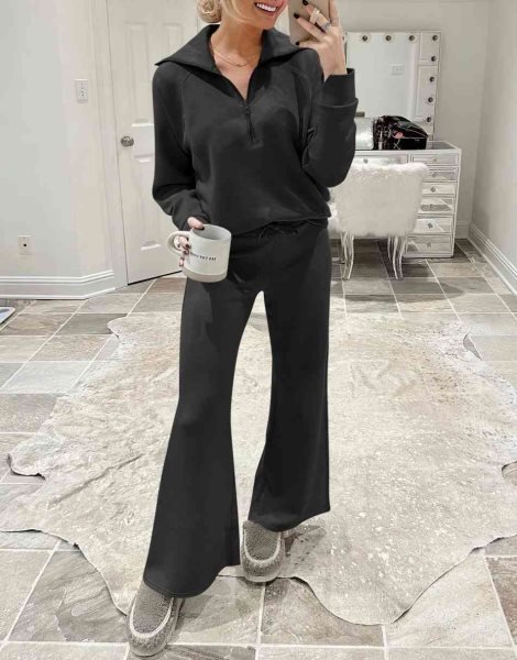Women 2 Piece Outfits Sweatsuit Set 2023 Fall Oversized Half Zip Sweatshirt Wide Leg Sweatpant Lounge Set Tracksuit
