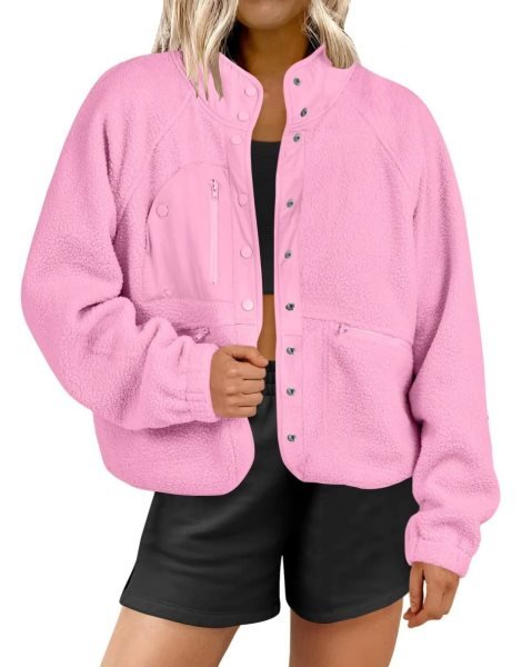 Womens Fleece Jacket Button Down Shacket Casual Sherpa Cropped Coats Warm Outwear with Pockets