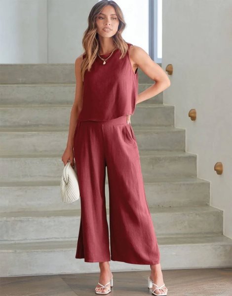 Sleeveless Tank Crop Button Back Top Cropped Pants Set With Pockets