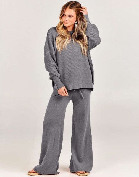 Women 2 Piece Outfits Sweatsuit Oversized Sweater Set & Wide Leg Pants Fall Chunky Lounge Set