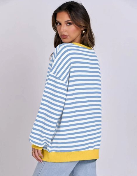 Women Striped Oversized Sweatshirt Long Sleeve Crewneck Shirts 2024 Fall Fashion Pullover Sweater Trendy Clothes