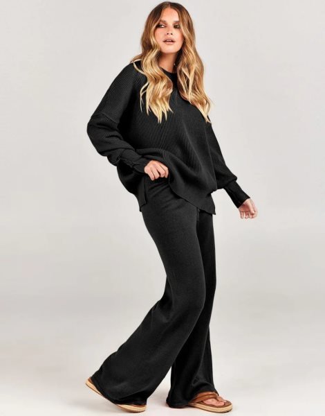 Women 2 Piece Outfits Sweatsuit Oversized Sweater Set & Wide Leg Pants Fall Chunky Lounge Set