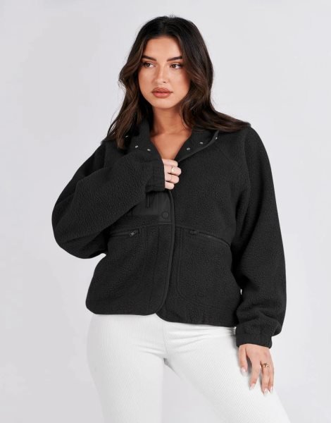 Womens Fleece Jacket Button Down Shacket Casual Sherpa Cropped Coats Warm Outwear with Pockets
