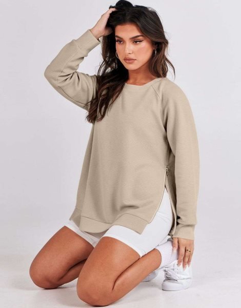 Women's Sweatshirts Long Sleeve Tunic Tops Crew Neck Soft Pullover With Side Zipper Shirt Clothes 2023