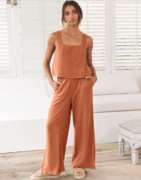2 Piece Outfits Square Neck Sleeveless Tank Crop Top & Wide Leg Pants Lounge Set