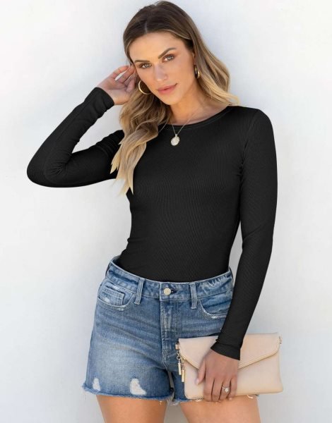 Women Long Sleeve Crewneck Rib Knit Slim Fit Shirts Basic Tee Tops 2024 Casual T-Shirt Going Out Workout Outfits