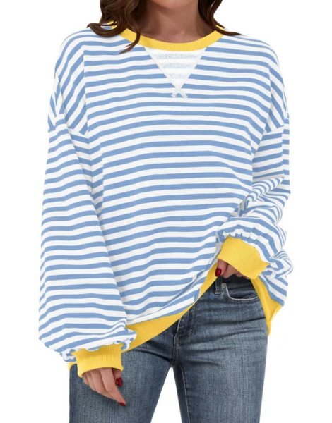 Women Striped Oversized Sweatshirt Long Sleeve Crewneck Shirts 2024 Fall Fashion Pullover Sweater Trendy Clothes