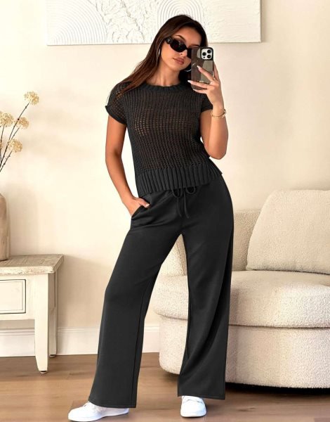 Women Two Piece Outfits Crochet Sheer Knit Sweater Top Wide Leg Pants Lounge Matching Sets Sweatsuit Travel Clothes