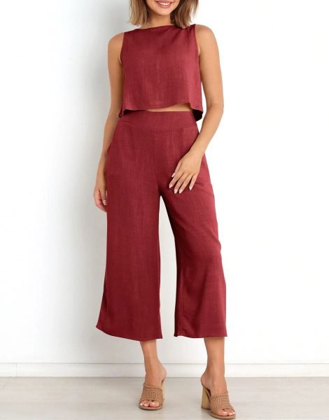 Sleeveless Tank Crop Button Back Top Cropped Pants Set With Pockets
