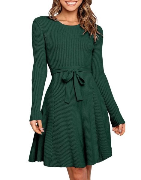 Women's Crewneck Long Sleeve Tie Waist A-Line Swing Bodycon Short Dress Casual Solid Ribbed Knit Sweater Dress
