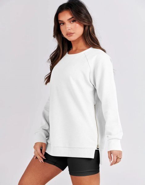 Women's Sweatshirts Long Sleeve Tunic Tops Crew Neck Soft Pullover With Side Zipper Shirt Clothes 2023