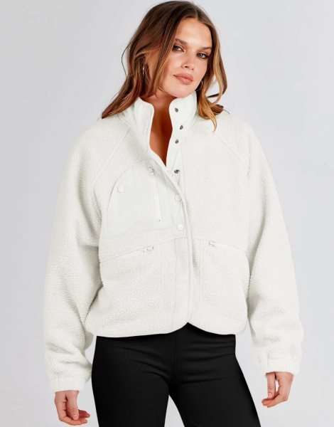 Womens Fleece Jacket Button Down Shacket Casual Sherpa Cropped Coats Warm Outwear with Pockets