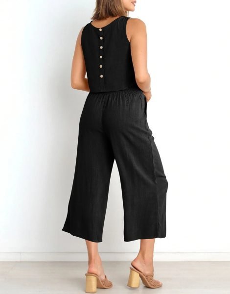 Sleeveless Tank Crop Button Back Top Cropped Pants Set With Pockets
