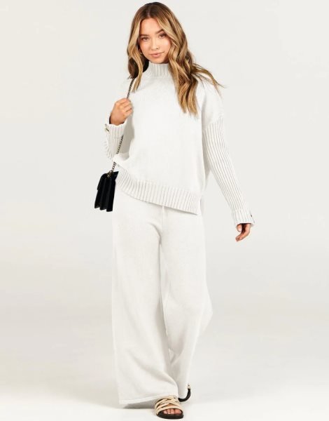 Women's Two Piece Outfits Sweater Sets Long Sleeve Knit Pullover and Wide Leg Pants Lounge Sets