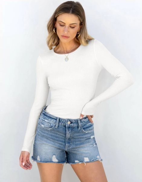 Women Long Sleeve Crewneck Rib Knit Slim Fit Shirts Basic Tee Tops 2024 Casual T-Shirt Going Out Workout Outfits