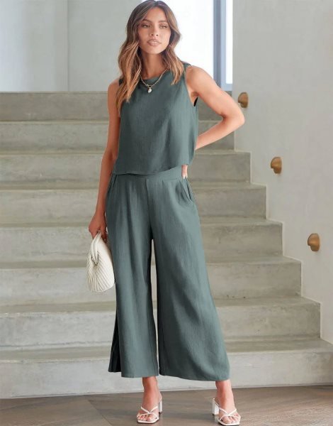Sleeveless Tank Crop Button Back Top Cropped Pants Set With Pockets