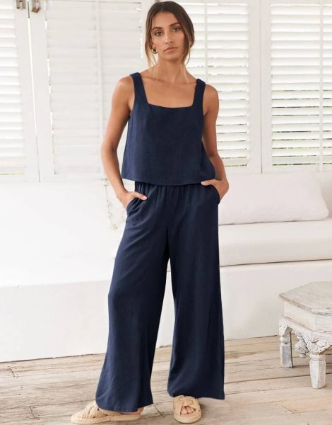 2 Piece Outfits Square Neck Sleeveless Tank Crop Top & Wide Leg Pants Lounge Set