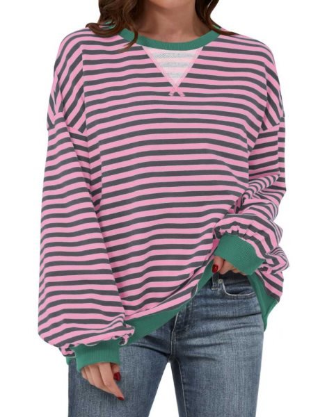 Women Striped Oversized Sweatshirt Long Sleeve Crewneck Shirts 2024 Fall Fashion Pullover Sweater Trendy Clothes