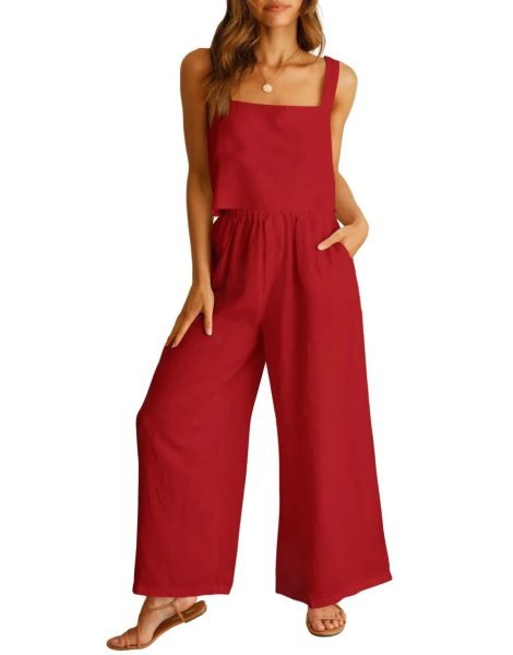 2 Piece Outfits Square Neck Sleeveless Tank Crop Top & Wide Leg Pants Lounge Set