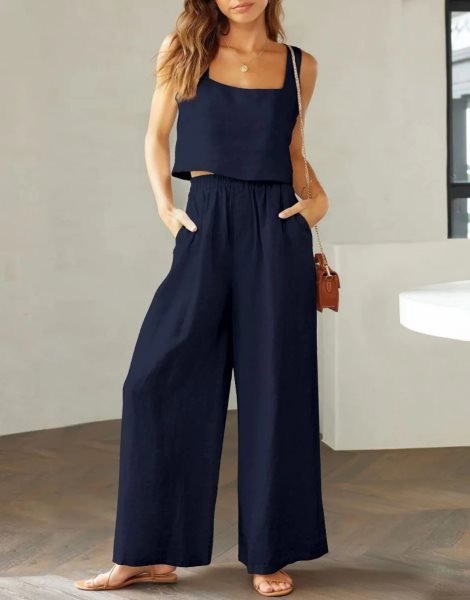 2 Piece Outfits Square Neck Sleeveless Tank Crop Top & Wide Leg Pants Lounge Set