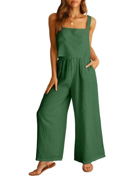 2 Piece Outfits Square Neck Sleeveless Tank Crop Top & Wide Leg Pants Lounge Set