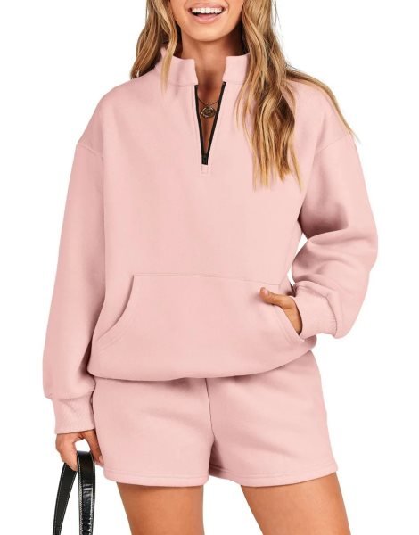 Sweatsuit Oversized Half Zip Collared Sweatshirt & Short Lounge Wear Tacksuit Set