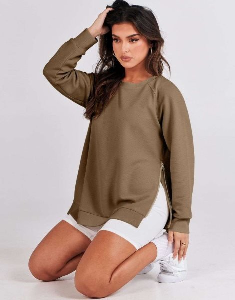 Women's Sweatshirts Long Sleeve Tunic Tops Crew Neck Soft Pullover With Side Zipper Shirt Clothes 2023
