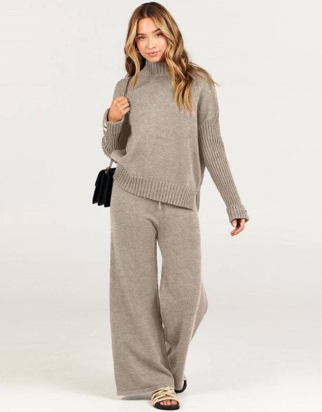 Women's Two Piece Outfits Sweater Sets Long Sleeve Knit Pullover and Wide Leg Pants Lounge Sets