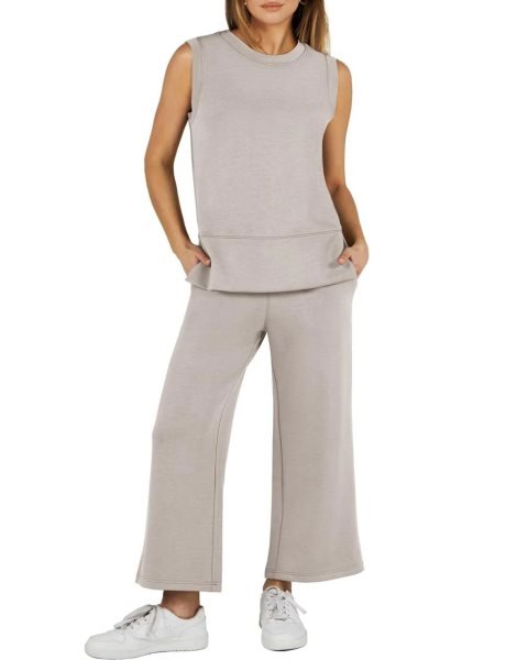 Women's 2 Piece Sets Summer Outfits Sleeveless Wide Leg Tracksuits Casual Sweat Sets Lounge Sweatsuits