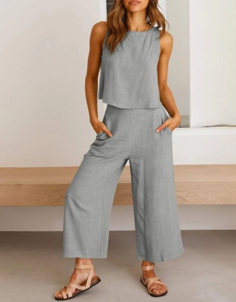 Sleeveless Tank Crop Button Back Top Cropped Pants Set With Pockets