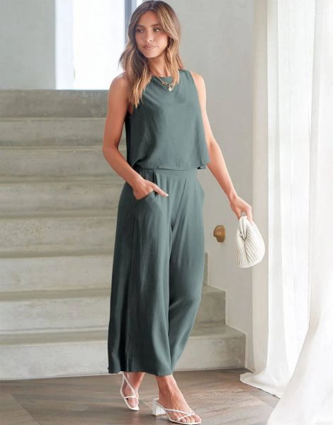 Sleeveless Tank Crop Button Back Top Cropped Pants Set With Pockets